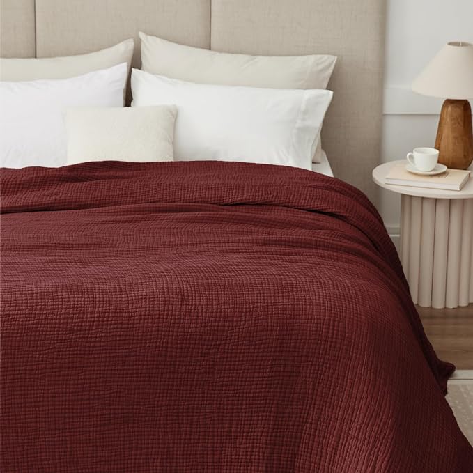 100% Cotton Muslin Blanket Twin 66" x 90", 6 Layers Breathable and Lightweight Cotton Blankets for Couch, Soft Cooling Summer Gauze Blanket for Adults All Season, Burgundy