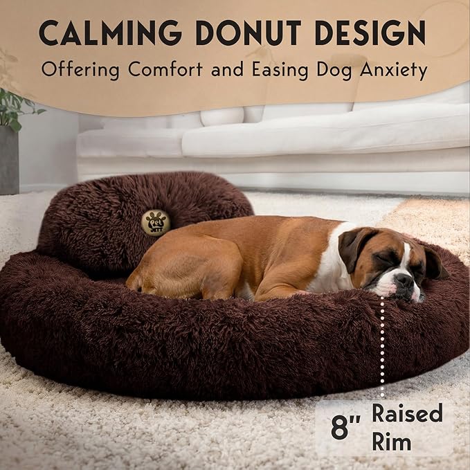 PetJett XL Dog Beds for Large Sized Dog - 45'' Extra Large Dog Bed, Anti-Slip & Washable Super Soft Round Donut Bed, Fluffy Faux Fur Anti-Anxiety Premium Comfort Pet Bed, Fits Dogs up to 120 lbs