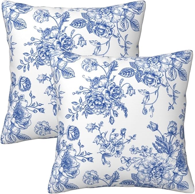 Blue White Chinoiserie Floral Throw Pillow Covers 16x16 Set of 2 Farmhouse Decorative Cushion Cases Home Decor