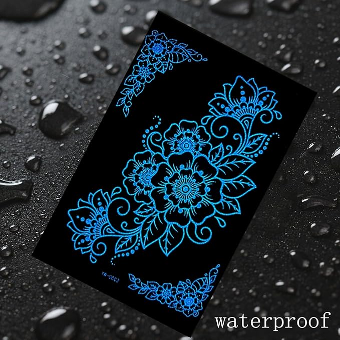 Blue Luminous Henna Tattoo Stickers Glow-in Dark Henna Temporary Decal for Women Flower Sexy Lace Fake Sticker for Halloween Wedding Night Glitter Party Supply