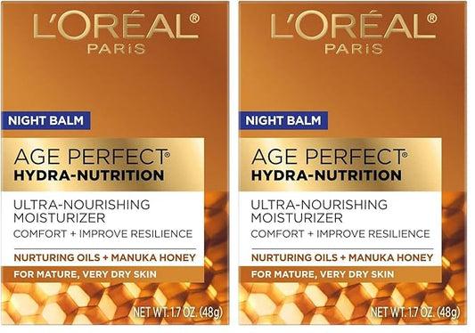 L'Oreal Paris Skincare Age Perfect Hydra Nutrition Ultra Nourishing Honey Night Balm,Face Moisturizer to Comfort,Improve Resilience on Dry Skin,Manuka Honey and Nurturing Oils,1.7 oz.,(Pack of 2)