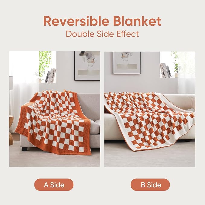 Snuggle Sac Checkered Bedding Blanket Twin Size 60x80, Super Soft, Cozy Warm Knit Blankets, Reversible Breathable Lightweight Fluffy Throws for Travel, Bed, Checkered Burnt Orange, 60x80 Inches