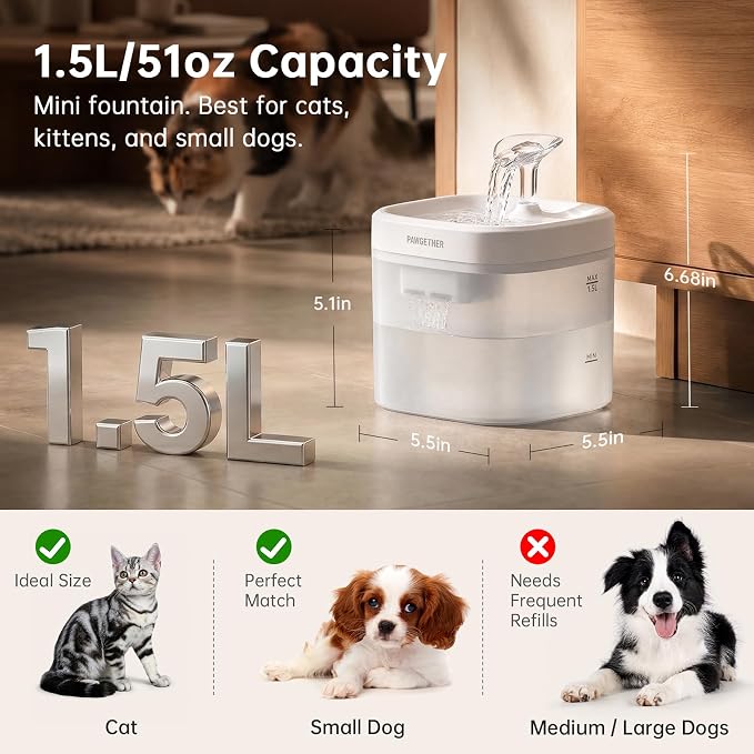 PAWGETHER® Cat Water Fountain with Wireless Pump 51oz/1.5L Dog Water Fountain, Ultra Quiet Automatic Pet Water Fountain Portable Indoor Ourdoor Travel Small Dog Water Dispenser with Adapter White