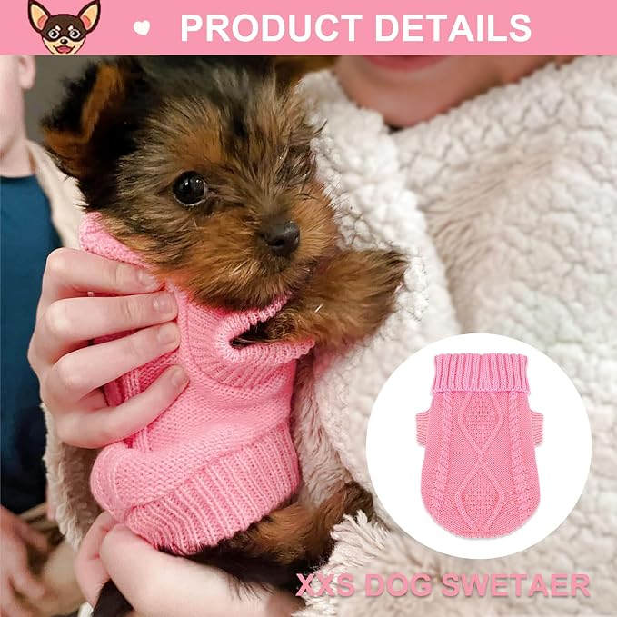 2 Pieces Puppy Sweater Dog Sweater for Small Dogs Winter Warm Dog Knitted Sweater Cute Puppy Clothes for Chihuahua Teacup Yorkie Pet Cat Knitwear Turtleneck Clothes XXS(0.9~2.4lbs)