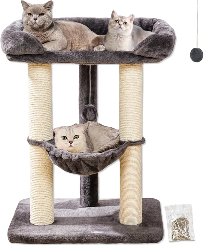 28" Cat Tree, Large Bed for Big Cats, Small Cat Tower with Soft Perch for Window Viewing, Stable Cat Tree Tower, Cat Scratching Post with Hammock, Removable Cover-Gray