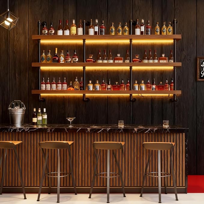 47.2in Wall Mounted Wine Rack with LED Light Solid Wood | 3-Tiers Liquor Bottles Floating Shelves Display Storage Organizer for Home Bar & Dining Room