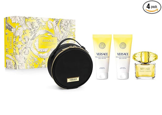 Versace Yellow Diamond 4-Piece Gift Set for Women, (3.0 Oz Eau De Toilette Spray + 3.4 Oz Body Lotion + 3.4 Oz Shower Gel + Bag)
