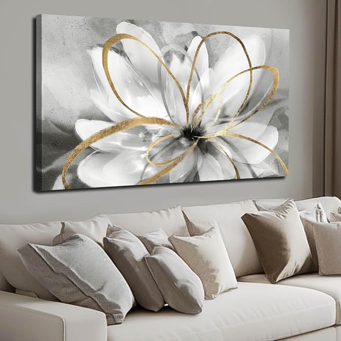 SOUGUAN White Floral Wall Decor Grey Background Modern Painting Wall Art 24"x36" Neutral Artwork Paintings for Bedroom Kitchen Pictures