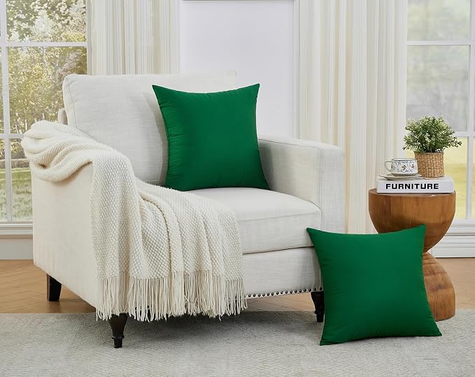 Longhui bedding Green Throw Pillow Inserts 18x18 Set of 2, 100% Cotton Cover with Polyester Fill, 2-in-1 Use as Stuffers or Standalone Decor for Couch, Bed, Living Room, Outdoor