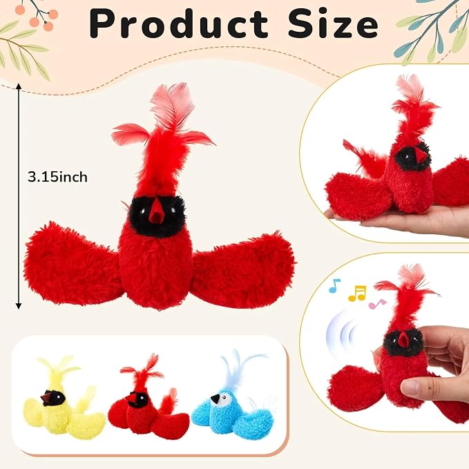 3Pcs Chirping Bird Cat Toy, 3.15'', Red Cardinal Blue Jay Style
