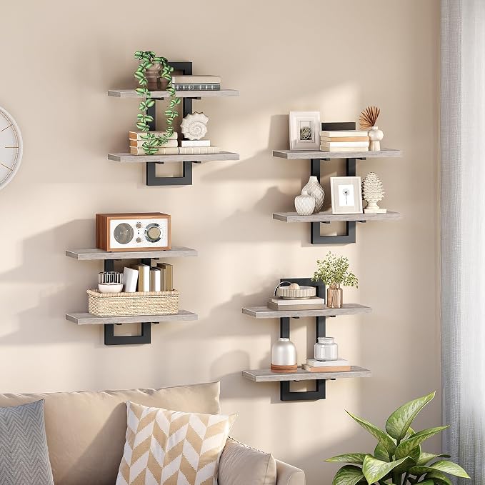 HOOBRO Floating Shelves, 15 Inch Wall Shelf Set of 4, Wall Mounted Storage Shelves 2-Tier, Hanging Bathroom Shelves, for Living Room, Bedroom, Bathroom, Kitchen, Greige and Black BG32BJP401