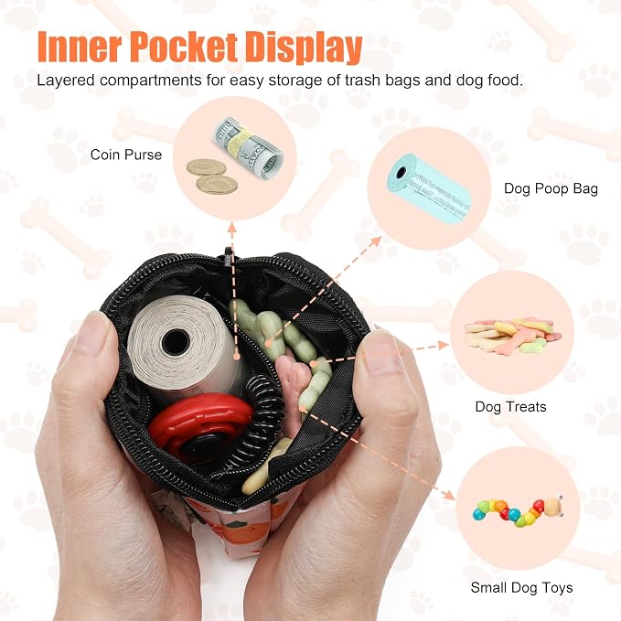 Dog Treat Pouch with Training Clicker,Waterproof Nylon Fabric Poop Bag Holders for Leashes,Hands Free Small Dog Walking Bag with Carabiner, Pet Puppy Training Walking Essentials(Grapefruit)