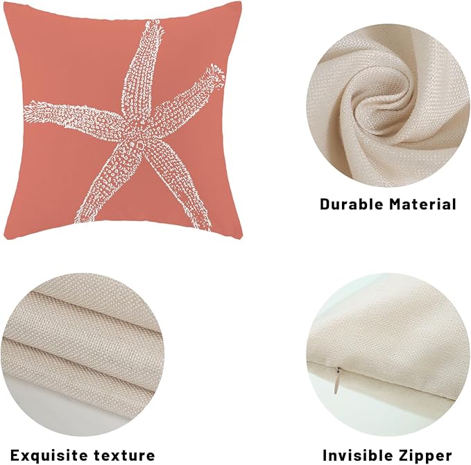 Orange Starfish Pillow Covers 18x18 Inch Set of 2, Nautical Ocean Coastal Coral Throw Pillows Spring Summer Decorations Linen Pillowcase Outdoor Decor Farmhouse Cushion Case for Home Holiday