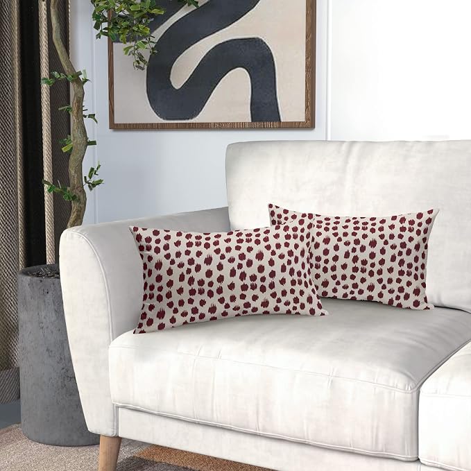 Burgundy Cream Pillow Covers 12x20 Set of 2 Boho Design Polka Dot Throw Pillows Modern Brush Strokes Print Decorative Outdoor Pillowcase Lumbar Cushion Cover Linen Pillow Case for Home Sofa Couch Bed