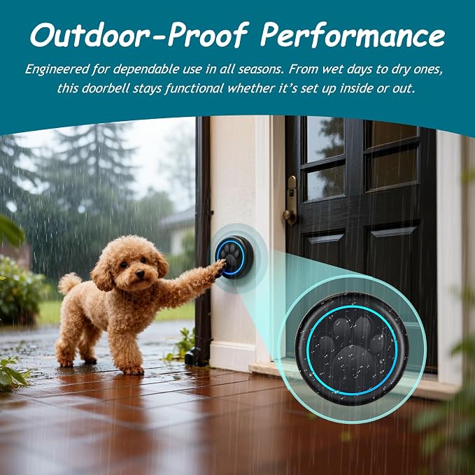 Halo Paw Smart Dog Door Bell–BK Dog Bells to Go Outside (1 Bell & 1 Chime) | Touch-to-Ring, LED Light Wireless Dog Buttons & Dog Clicker for Communication, Waterproof Bell for Dogs to Ring to Go Potty