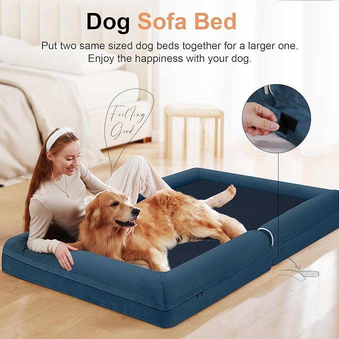 Orthopedic Dog Bed for Large Dogs, 38 x 25 Inch, Navy Blue | Egg crate foam for joint support, 3-sided bolster pet sofa, waterproof lining, washable cover, and non-skid base
