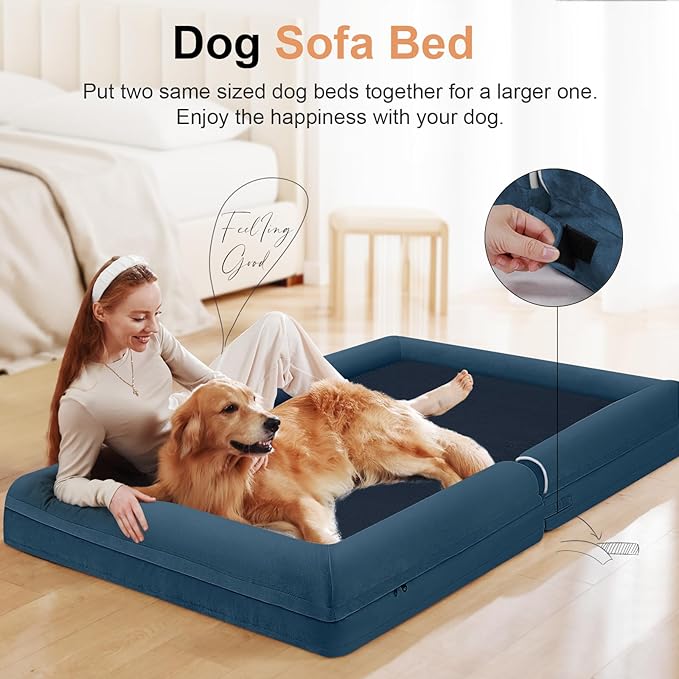 Orthopedic Dog Bed for X-Large Dogs, 40 x 32 Inch, Navy Blue | Egg crate foam for joint support, 3-sided bolster pet sofa, waterproof lining, washable cover, and non-skid base