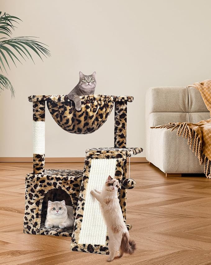 SYANDLVY Leopard Print Cat Tree for Indoor Cats, Small Cat Tower with Scratching Post & Board, Modern Activity House Condo with Cradle, Hanging Ball for Play, Kittens Cave