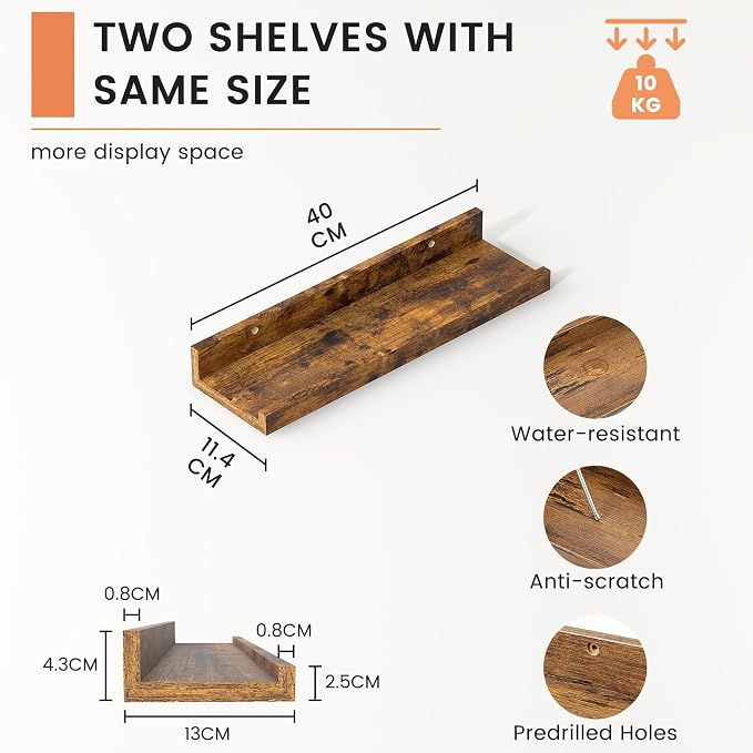 Picture Ledge Shelf, Floating Shelves for Wall, 16" W Set of 2, Brown | FSC Certified Engineered Wood, Wall Mounted Bookshelf, for Nursery Living Room Bedroom, Pre-Drilled, Easy Install