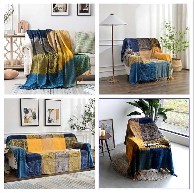 Bohemian Throw Blanket for Couch，Colorful Chenille Tassels Boho Woven Hippie Throw Blankets for Couch Bed Sofa Chair Recliner Loveseat , Bohemian Fringe Tassels Decor Home (Blue, Large 86102Inches)