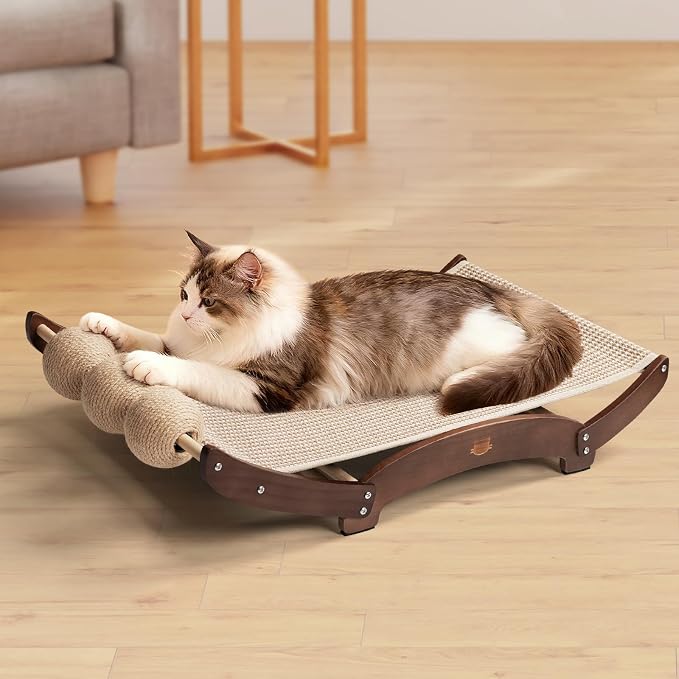 3 in 1 Sisal Cat Scratcher Bed, Solid Pine Cat Scratcher with Balls, Walnut | Extra Large Cat Scratching Post with Hammock, Cat Scratcher for Scratch & Play & Rest, Cat Furniture for Indoor Cats, Kitten