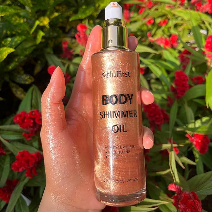 4 Colors Shimmer Body Oil Face Glitter Summer Body Moisturizing Light Shimmering Glow Non-Sticky Party Luminizer and Illuminator Smooth (3.38 Fl Oz Pack of 1, Rose Gold)