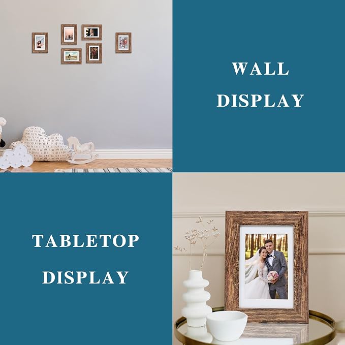 Hongkee 4x6 Picture Frame Set of 4, with Real Glass and Rustic Brown Wooden Frame, 4 by 6 Photo for Wall or Tabletop - Display Picture 3.5x5 with Mat or 4x6 Without Mat