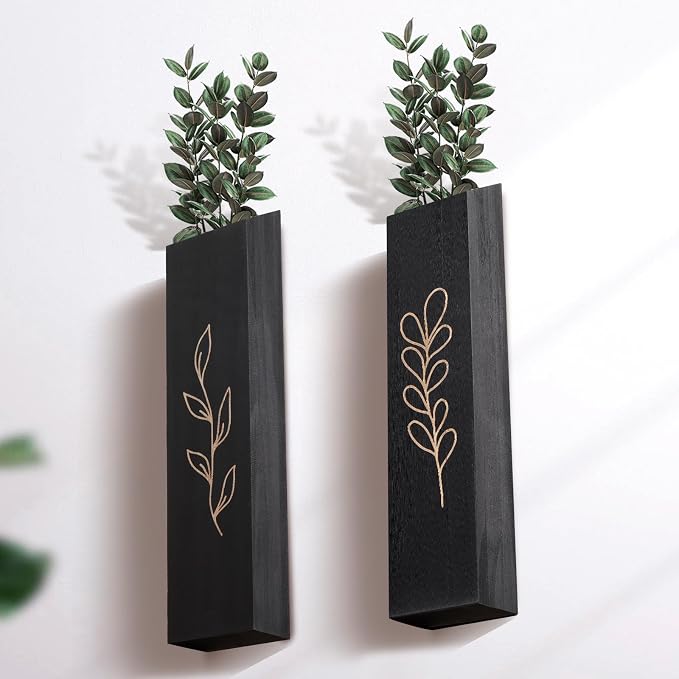 Wooden Wall Vase Planter Set of 4 | Black Finish Farmhouse & Boho Wall Decor for Entryway, Hallway, Bathroom, Living Room, Dining Room
