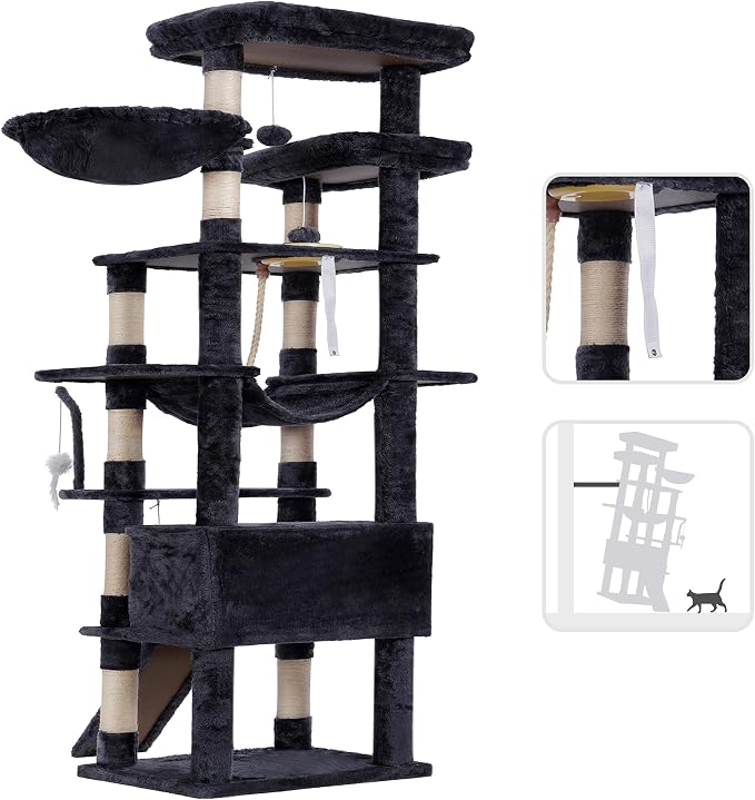 Heybly Tall Cat Tree 78-inch Multi-Level Cat Tower for Indoor Cats HCT033G | Cat Condo with 2 Widened Plush Perches, Multi-Level Cat Furniture with Scratching Board, Big Caves, Smoky Gray