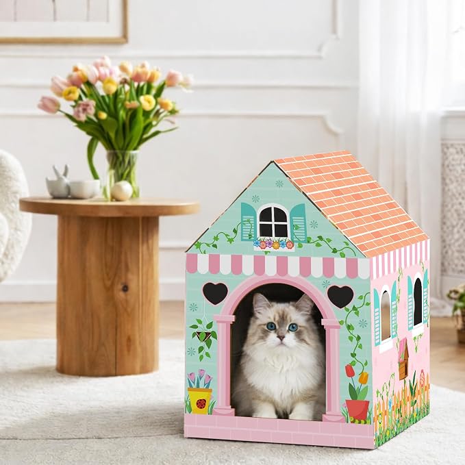 Cinrobiye Cardboard Cat House with Scratcher Spring Pet Board Bed Cave Playhouse Hideaway Hideout Condo Decor Small Animals Scratch Box for Indoor Cats Kittens Rabbits Bunny