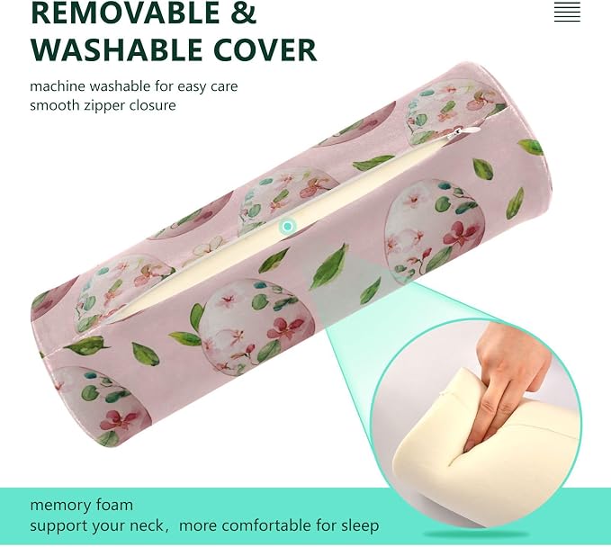 Pink Easter Eggs and Leaves Neck Roll Pillow Bolster Round Health Memory Foam Long Cervical Cylinder Pillows with Removable Washable Cover for Body Bed Legs Back Yoga