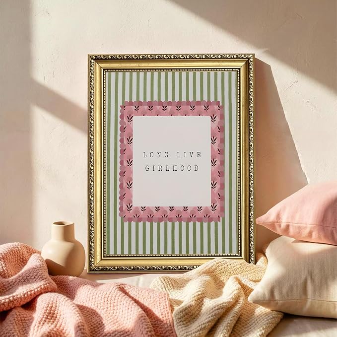 Long Live Girlhood Wall Art Vintage Girl Nursery Wall Decor Picture, Pink and Green Striped Baby Girls Poster Canvas Print Painting Artwork for Living Room Bedroom 16x24 inch Gold Framed
