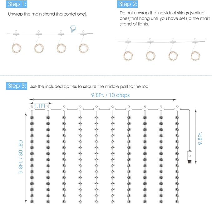 Minetom Curtain Lights, 300 LED Dimmable Fairy Lights with Remote and Timer, 8 Modes, USB Powered String Lights for Room Wall Party Xmas Indoor Decor, Winter Wonderland Christmas Decorations