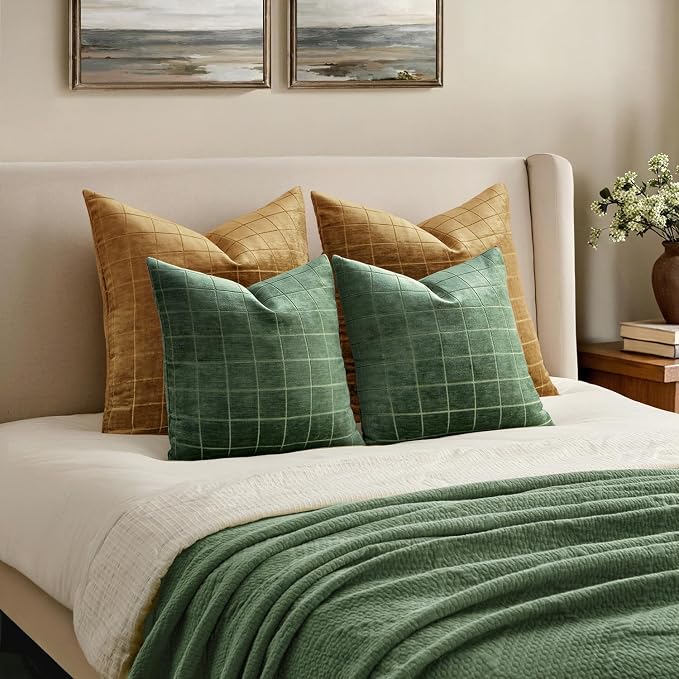 MIULEE Moss Green Plaid Decorative Euro Throw Pillow Covers 24x24 Set of 2 | Vintage, Check Chenille Couch Pillows, Neutral Boho Farmhouse Cushion Covers, Modern Home Decor for Sofa Bed Living Room