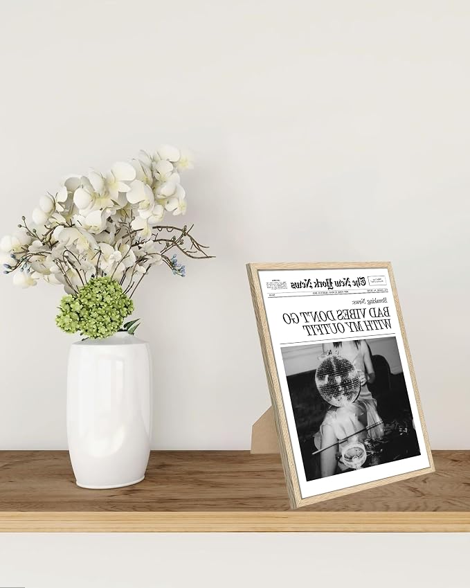 EcoHest Small 8x10 in Bad Vibes Don't Go With My Outfit Framed Wall Art | Natural Oak Wood Frame, Canvas Wall Art, Disco Fashion Newspaper Wall Decor for Bedroom, Apartment, Dorm, College Room, 1Pack