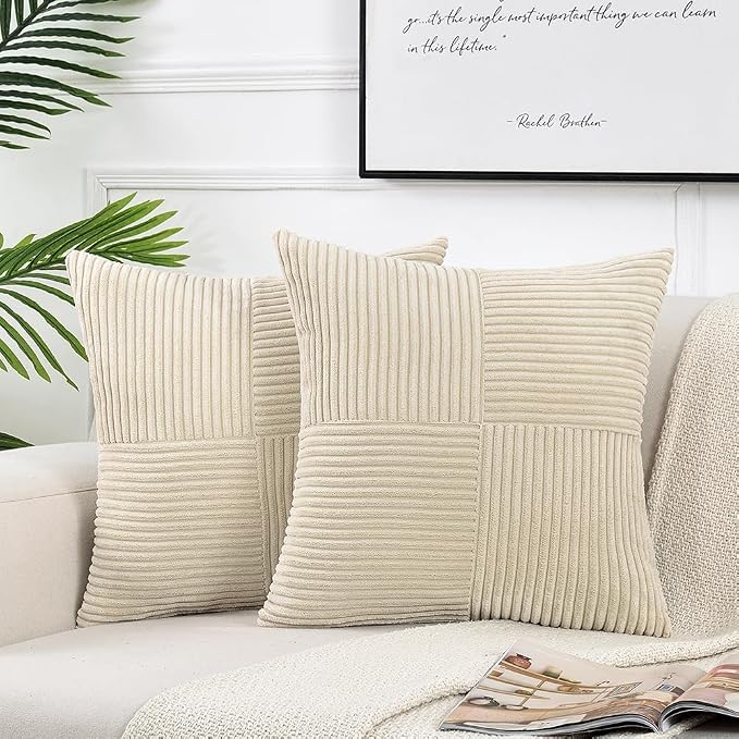 Fancy Homi Tan Decorative Throw Pillow Covers 16x16 Inch for Living Room Couch Bed Sofa, Farmhouse Boho Home Decor, Soft Corss Patchwork Corduroy Textured Square Beige Cushion Case 40x40 cm