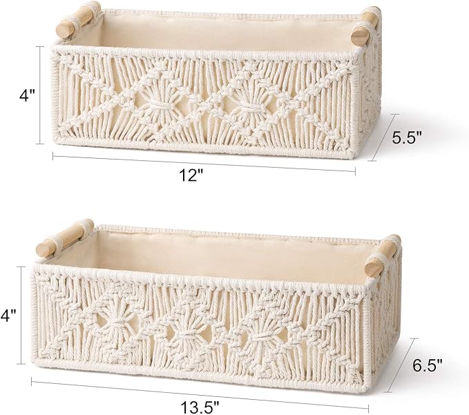 Mkono 2Pc Macrame Storage Basket, Boho Decor Toilet Paper Holder, Ivory | Small Baskets for Organizing, Hand-Woven, Bohemian Beach Coastal Decor, Shelf Vanity Cabinet Bedroom Living Room Office Dorm