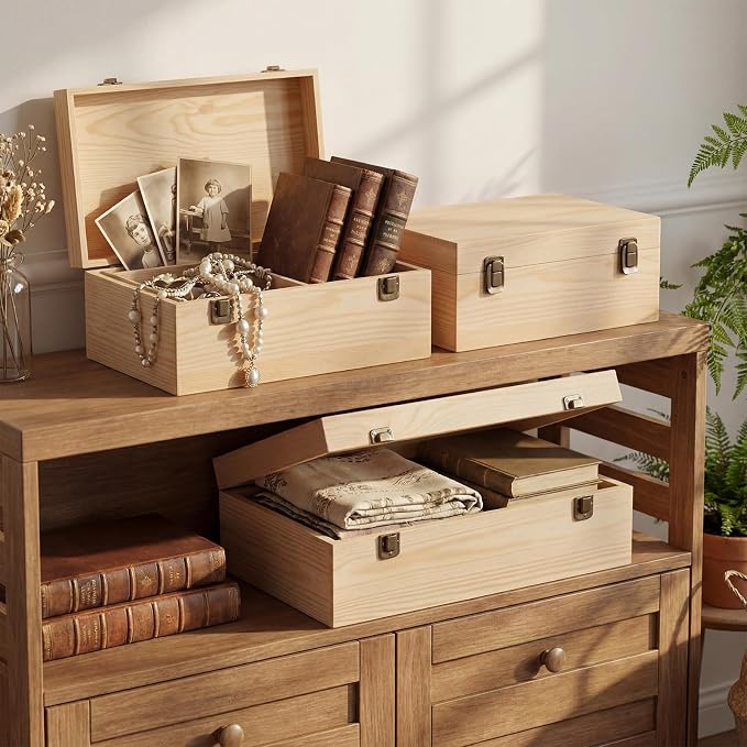 Sliner 3 Pcs Wooden Decorative Storage Boxes with Lids Vintage Wood Organizer Bins for Your Bookshelf Home Decor Safely Store Photos Documents Memory Jewelry Craft Storage (Natural Wood,S M L Size)