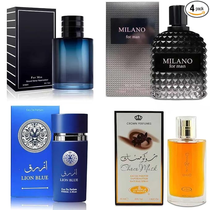 AFLUXE 4-Piece Cologne for Men Includes Choco Musk/SE/Lion Blue/Milano Scent of Woody, Spicy, Citrus & Aromatic eau de parfum Men Gift Set Each 100Ml for Daily Use