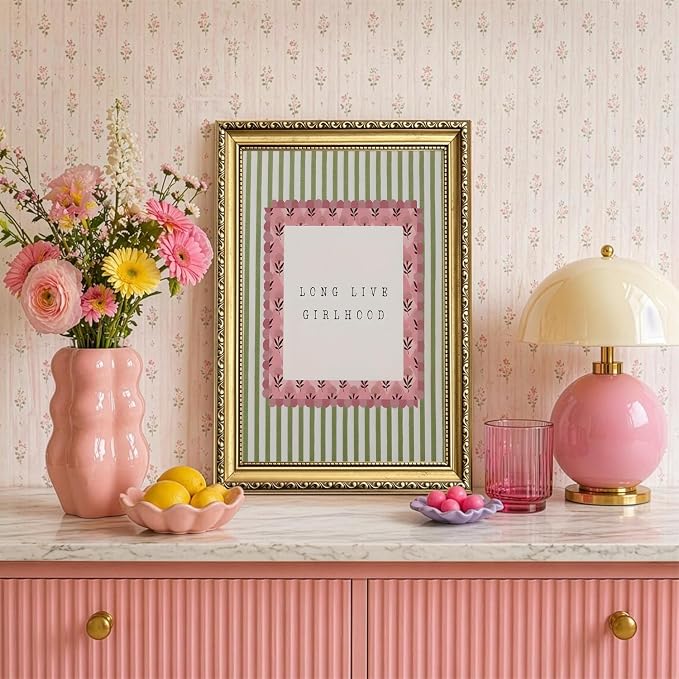 Long Live Girlhood Wall Art Vintage Girl Nursery Wall Decor Picture, Pink and Green Striped Baby Girls Poster Canvas Print Painting Artwork for Living Room Bedroom 12x16 inch Gold Framed