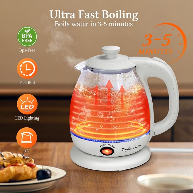 Taylor Swoden Electric Kettle With Tea Infuser, 1L Small Electric Kettle With Keep Warm, LED Light Hot Water Boiler & Heater For Coffee & Tea, Auto Shut-Off & Boil Dry Protection, Bpa Free, White