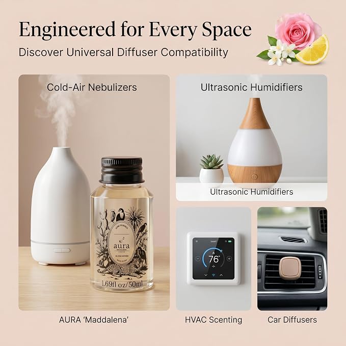 A U R A - Maddalena Fragrance Oil for Waterless Scent Diffuser - Inspired by J. Malone Tudor Rose | 1.7 fl oz / 50 ml Essential Oil Blend for Aromatherapy & Hotel Collection Diffuser