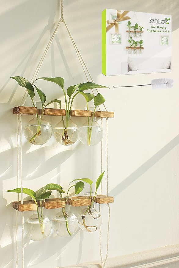 Plant Propagation Station Wall Hanging with 2 Tiered Wooden Stand | Plant Terrarium for Hydroponics Plants, Unique Gardening Gifts for Women Mom Plants Lovers - 6 Bulb Glass Vases
