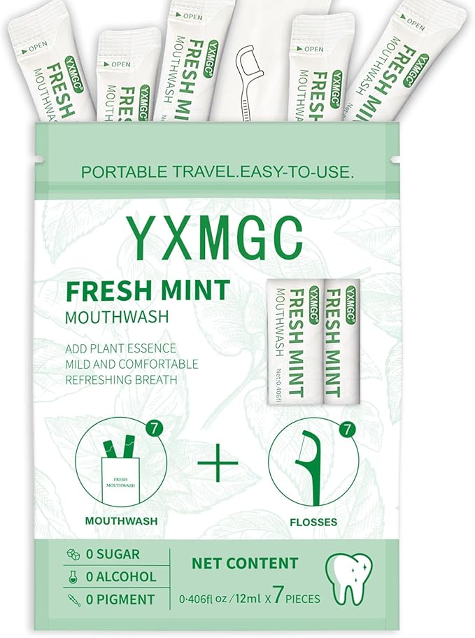 YXMGC Travel Size Mouthwash Packets – Portable, Fresh Breath Anytime, Eliminates Bad Breath, Sugar-Free, Alcohol-Free, 7 Pack × 0.4 Fl Oz