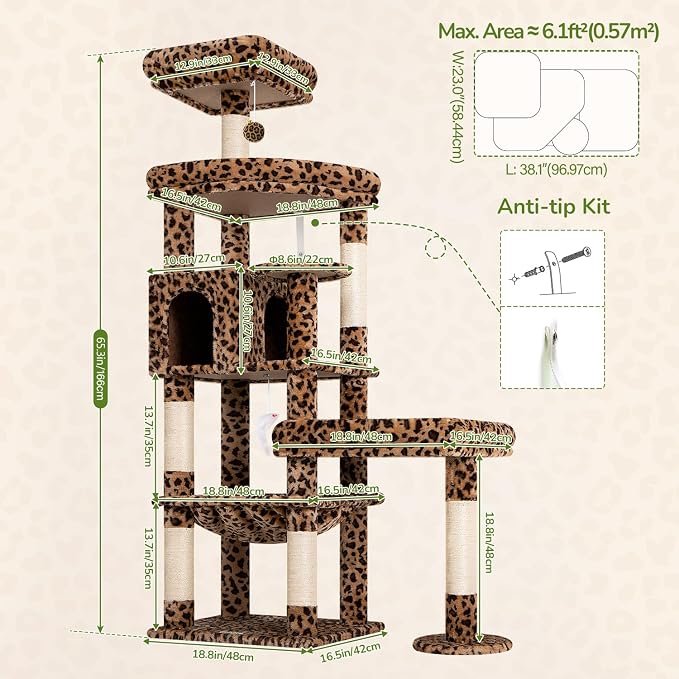 Globlazer Large Perch Leopard Cat Tree, 65in Sturdy Cat Scratching Tree for Indoor Cats Large Adult, Big Cat Tower with 3 Padded Perches, 6 Scratching Posts, Cat Condo, Hammock, S65, Leopard Print