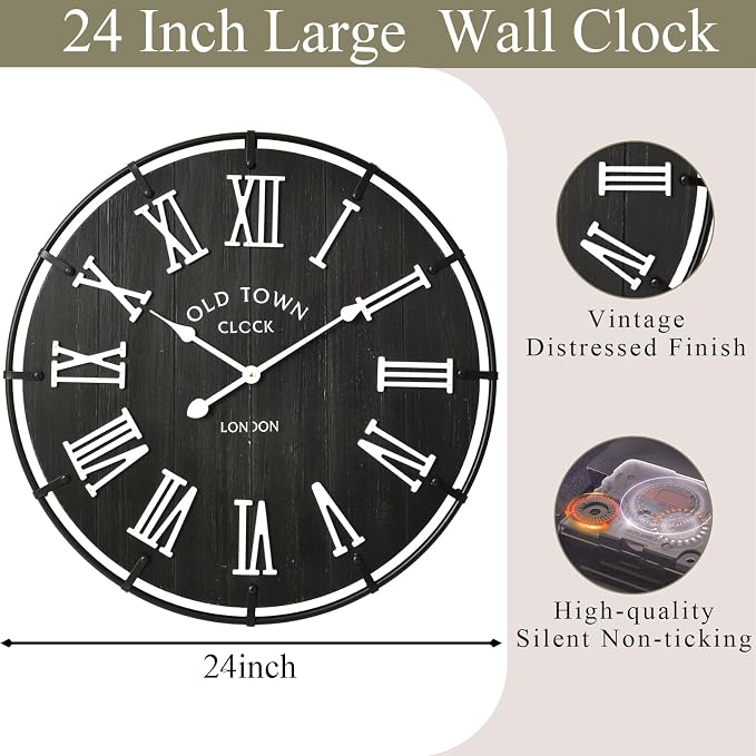 EMAX HOME 24 Inch Vintage London Style Wall Clock, Black Wood Grain Background with White Roman Numerals, Rustic Metal Frame, Silent Non-Ticking Clock for Fireplace Mantel, Entryway, or Dining Area.