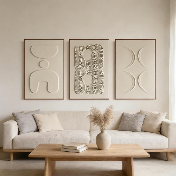 Thalasse Large 3-Piece 3D Textured Wall Art for Living Room, 24x36 Inch | Wabi Sabi Sandstone Relief Panels with Solid Wood Frames, Minimalist Wall Decor for Hallway and Entryways