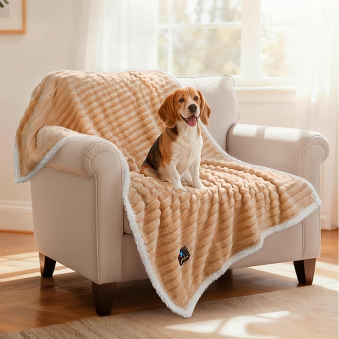 Luciphia Waterproof Dog Blanket, Washable Reversible Flannel Pet Throw | Reversible fleece cover for couch, bed, and crate; calming, and claw-resistant for dogs, cats, puppies Khaki M(57''x40'')