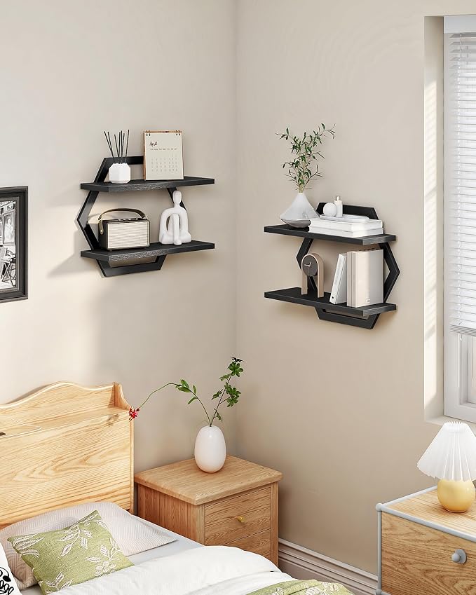 Hexagon Floating Shelves for Wall, Set of 2, 2 -Tier Hanging Shelves, Wall Mounted Storage Shelves, for Living Room, Bedroom, Kitchen, Home Office, Study, Black TBJ06P2BB