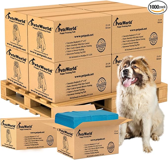 PetsWorld Enormous Dog Pee Pads 37"x54" 1000 Count – XXXL Pet Pee Pads for Giant Dogs & Pets, Heavy Duty Leak-Proof Dog Training Pads, Super Absorbent Quick-Dry Potty Pads with Adhesive Tabs